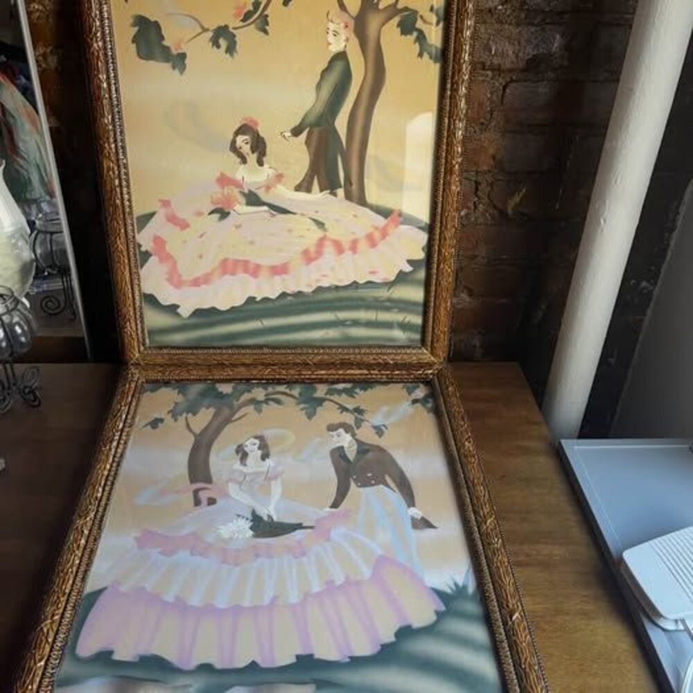 Vintage Pair Of Art Deco Era 1940's Airbrush Painting Watercolor Original Frame